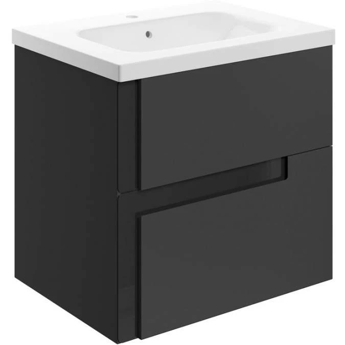 Jux Wall Hung 2 Drawer Basin Unit & White Basin 615mm - Matt Black & Glass 1 Jux Wall Hung 2 Drawer Basin Unit & White Basin 615mm - Matt Black & Glass