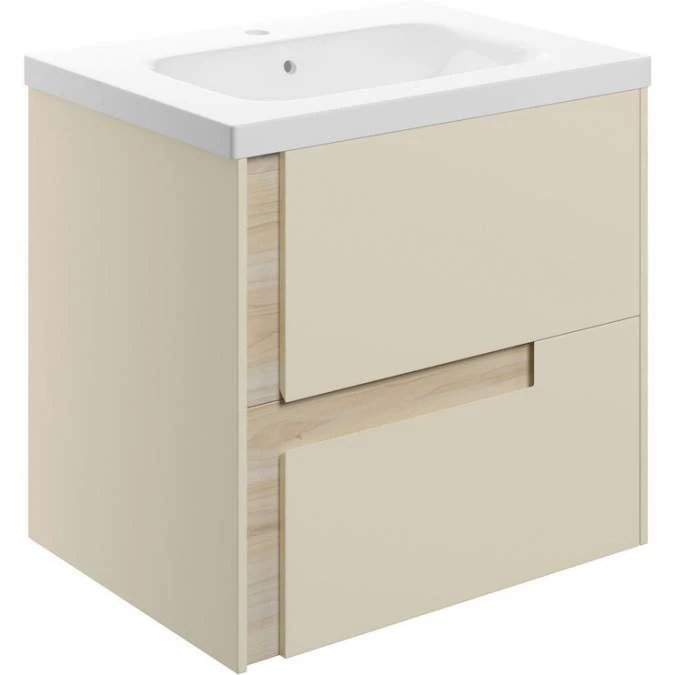Jux Wall Hung 2 Drawer Basin Unit & White Basin 615mm - Matt Cotton & Oak Effect 1 Jux Wall Hung 2 Drawer Basin Unit & White Basin 615mm - Matt Cotton & Oak Effect