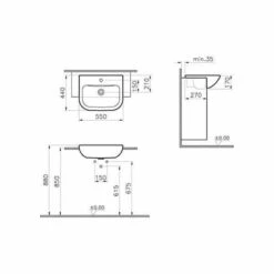 VitrA S20 Semi-Recessed Basin 550mm Single Tap Hole -Lumibath Shop 5524WH drw