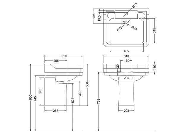 Burlington Edwardian 61cm Basin & Semi Pedestal 2 Burlington Edwardian 61cm Basin & Semi Pedestal - Image 2