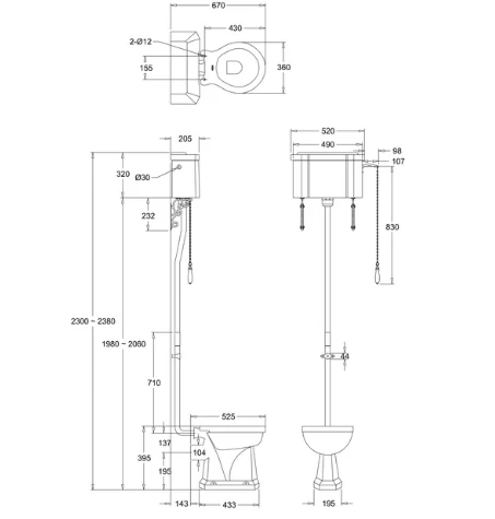 Burlington High Level WC With White Ceramic Cistern And Single Flush Fittings P2 C28S T30CHR - Image 2