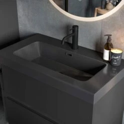 Jux Wall Hung 2 Drawer Basin Unit & Co-ordinating Basin 805mm - Matt Black & Glass -Lumibath Shop Jux Black Lifestyle 2 2