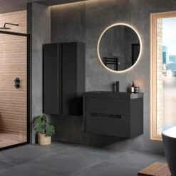 Jux Wall Hung 2 Drawer Basin Unit & Co-ordinating Basin 805mm - Matt Black & Glass -Lumibath Shop Jux Black Lifestyle 3