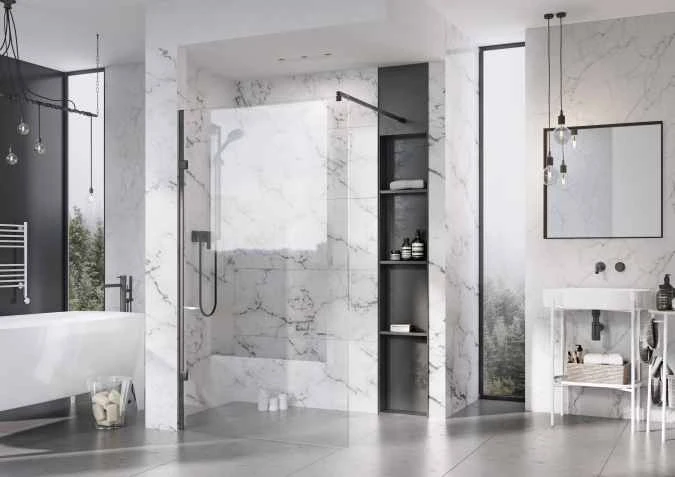 Roman Liberty 1057mm Matt Black Wetroom Panel With Clear Glass Corner 2 Roman Liberty 1057mm Matt Black Wetroom Panel With Clear Glass Corner - Image 2