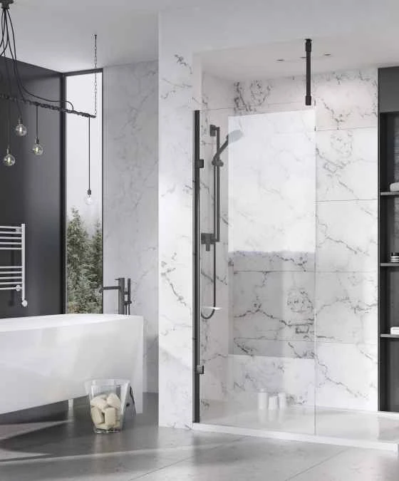 Roman Liberty 1057mm Matt Black Wetroom Panel With Clear Glass Corner 1 Roman Liberty 1057mm Matt Black Wetroom Panel With Clear Glass Corner