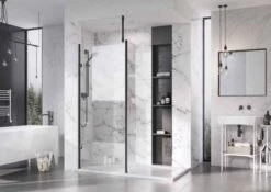 Roman Liberty 957mm Matt Black Wetroom Panel With Clear Glass Corner