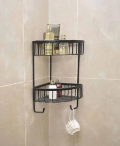 Roman Matt Black Double Corner Shower Basket With Hooks - RSB05B -Lumibath Shop RSB05B lifestyle