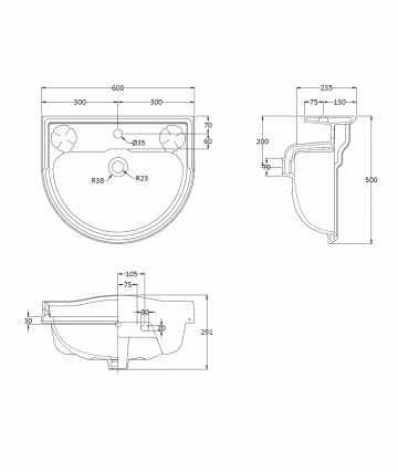 Bayswater Porchester 600mm 1 Tap Hole Basin & Full Pedestal 2 Bayswater Porchester 600mm 1 Tap Hole Basin & Full Pedestal - Image 2