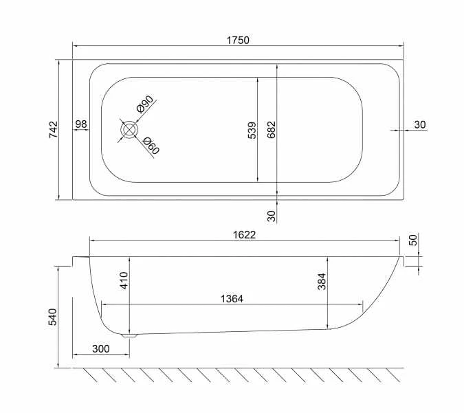 Carron Profile 1750 X 750 Single Ended Bath - 5mm 3 Carron Profile 1750 X 750 Single Ended Bath - 5mm - Image 3