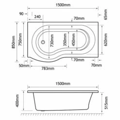 Beaufort Shannon 1500 X 850 P Shaped Shower Bath - Right Hand 5 Beaufort Shannon 1500 X 850 P Shaped Shower Bath - Right Hand -Lumibath Shop shannon p 1500x850 RH tech