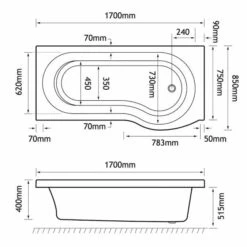Beaufort Shannon 1700 X 850 P Shaped Shower Bath - Left Hand -Lumibath Shop shannon p 1700x850 LH tech