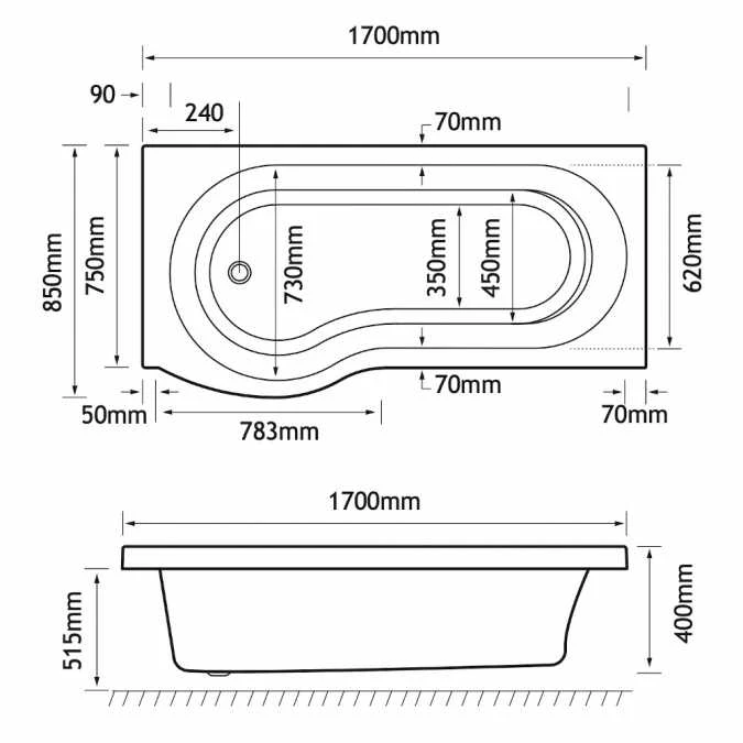 Beaufort Shannon 1700 X 850 P Shaped Shower Bath - Right Hand 3 Beaufort Shannon 1700 X 850 P Shaped Shower Bath - Right Hand - Image 3