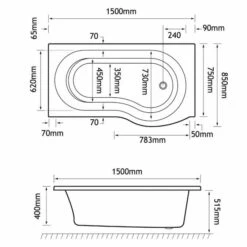 Beaufort Shannon 1500 X 850 P Shaped Shower Bath - Left Hand 5 Beaufort Shannon 1500 X 850 P Shaped Shower Bath - Left Hand -Lumibath Shop shannon p LH 1500x850 tech